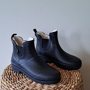 Tretorn Womens Classic Black Rubber Wellie‎ Low Rainboots Faux Fur Lined S-9